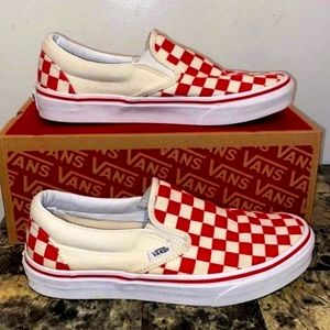 Red and white check slip on vans
